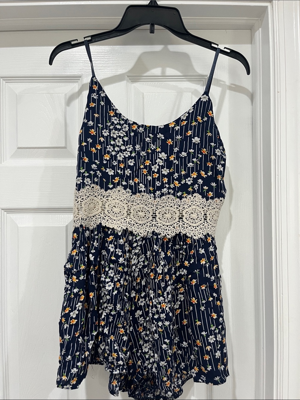 Women’s Navy Floral Lace-Trim Romper